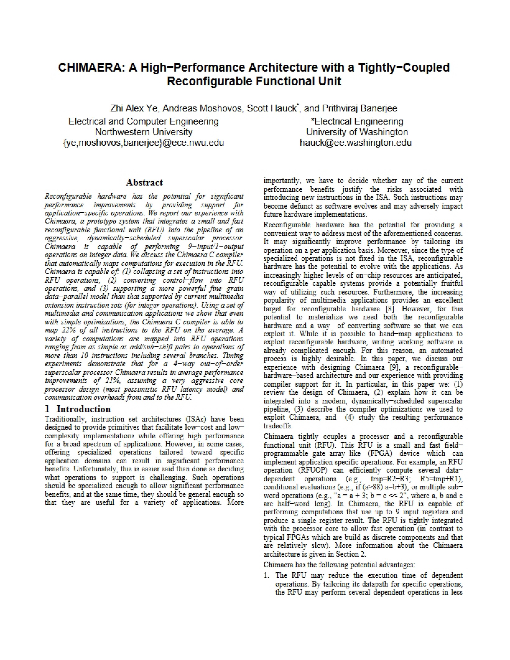 Architecture Featuring High Performance and Tightly Coupled Reconfigurable Units