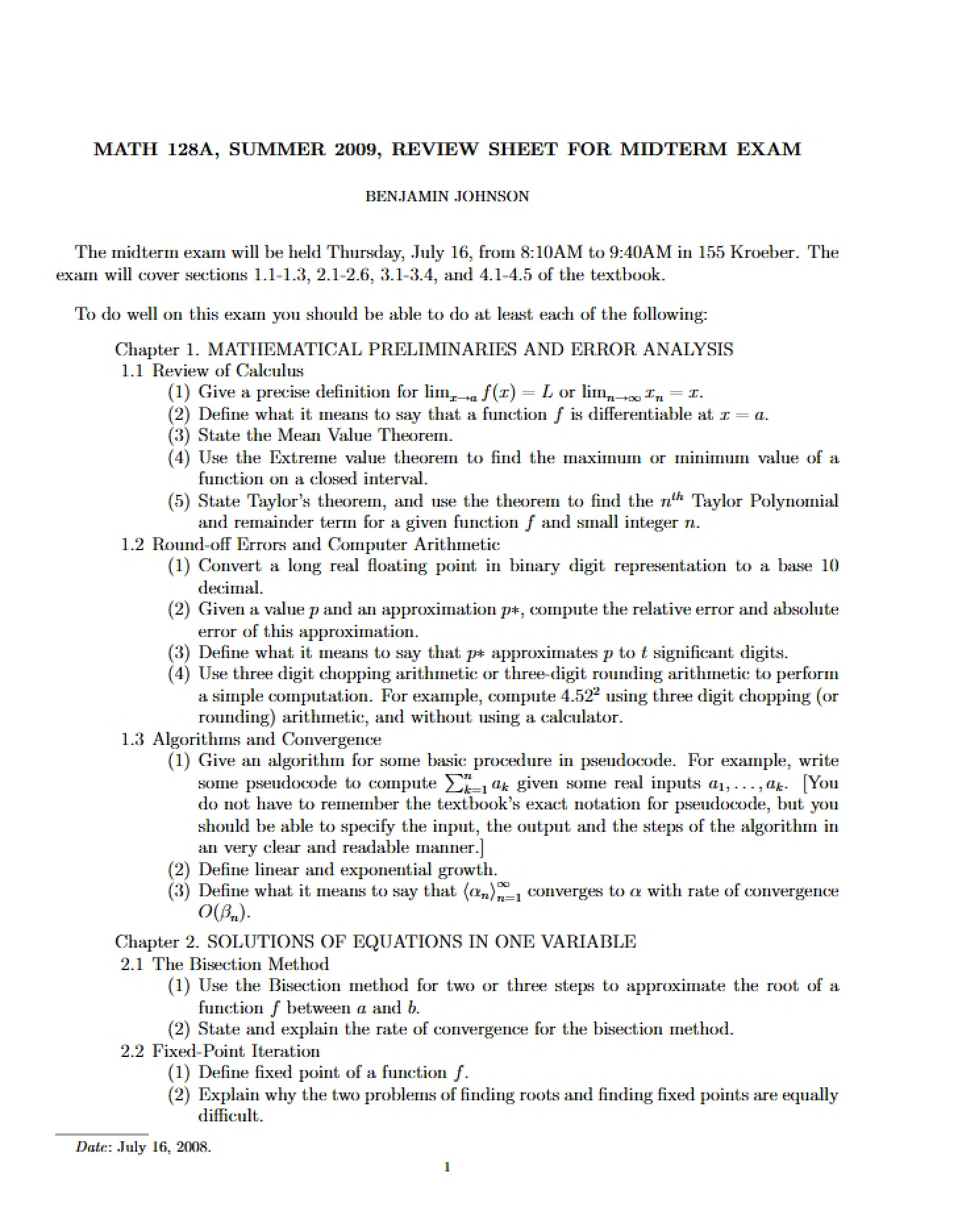 Midterm Exam Review Sheet