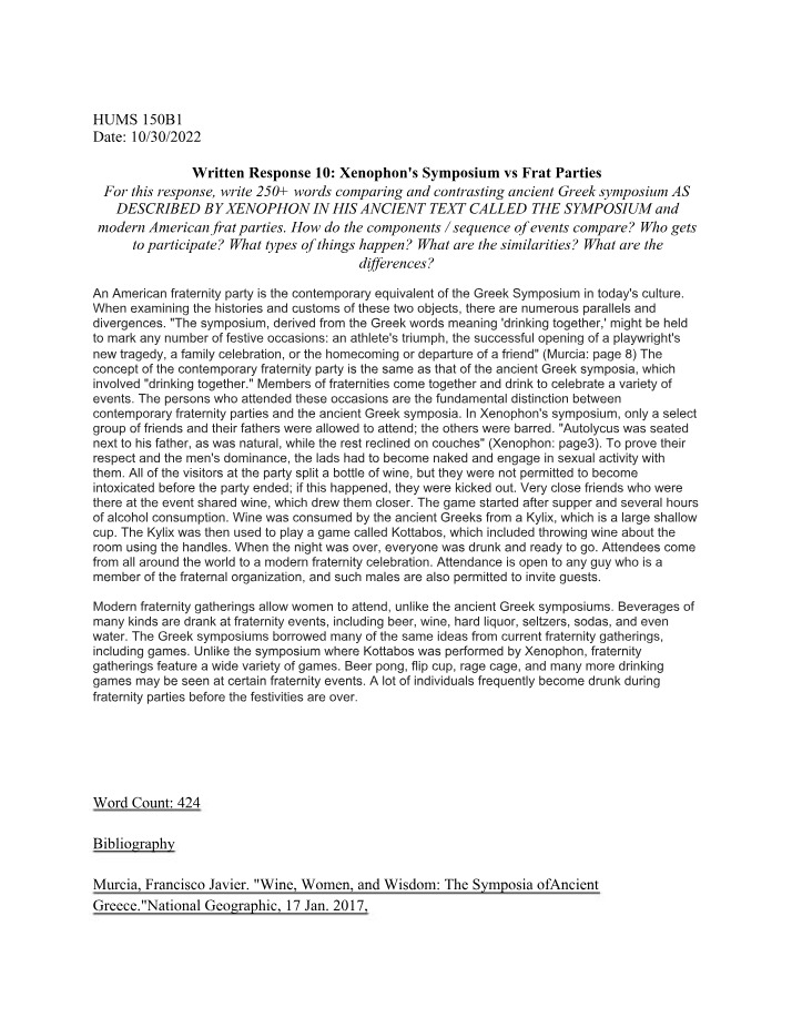Xenophon's Symposium vs Frat Parties - Written Response 10