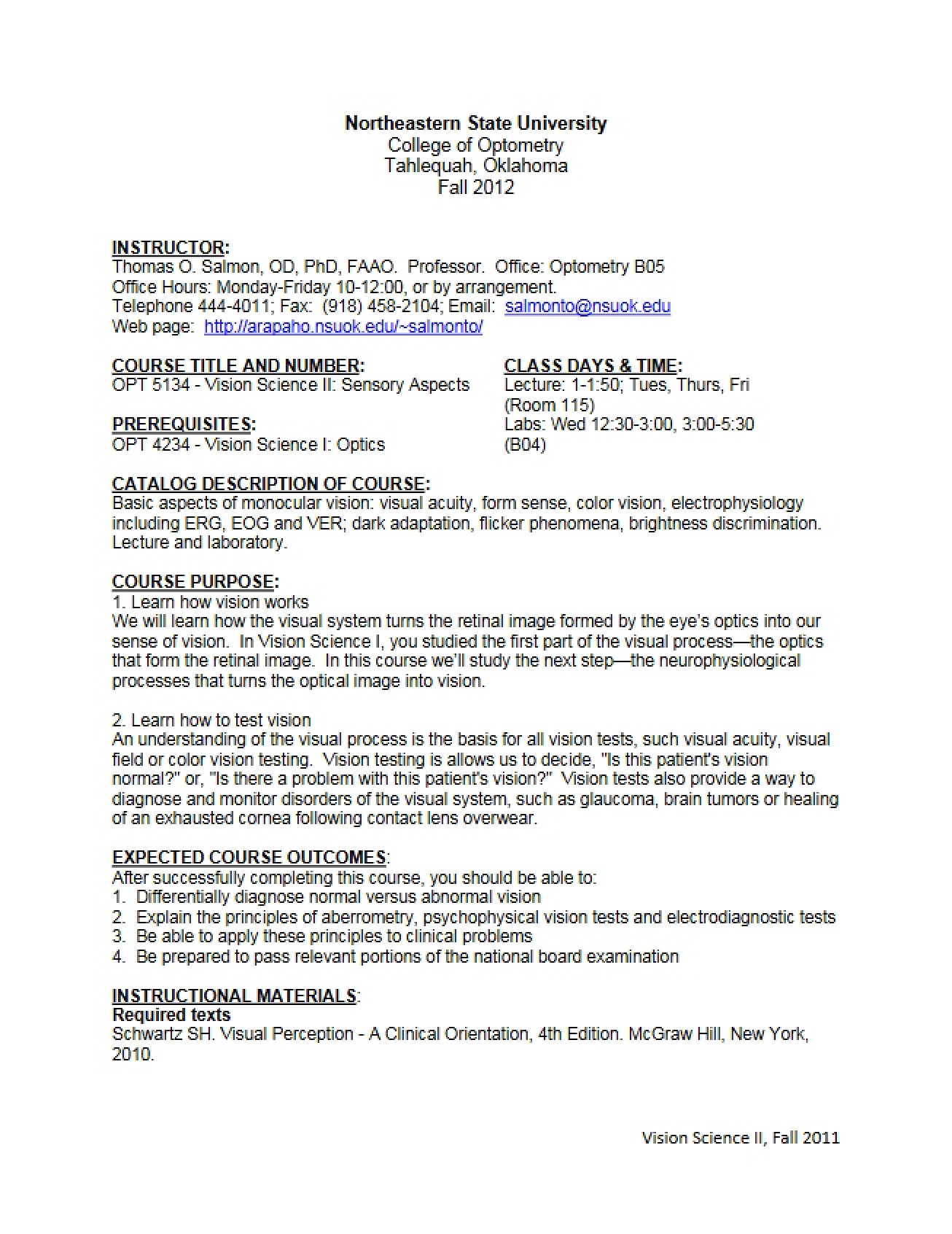Vision Science II Syllabus