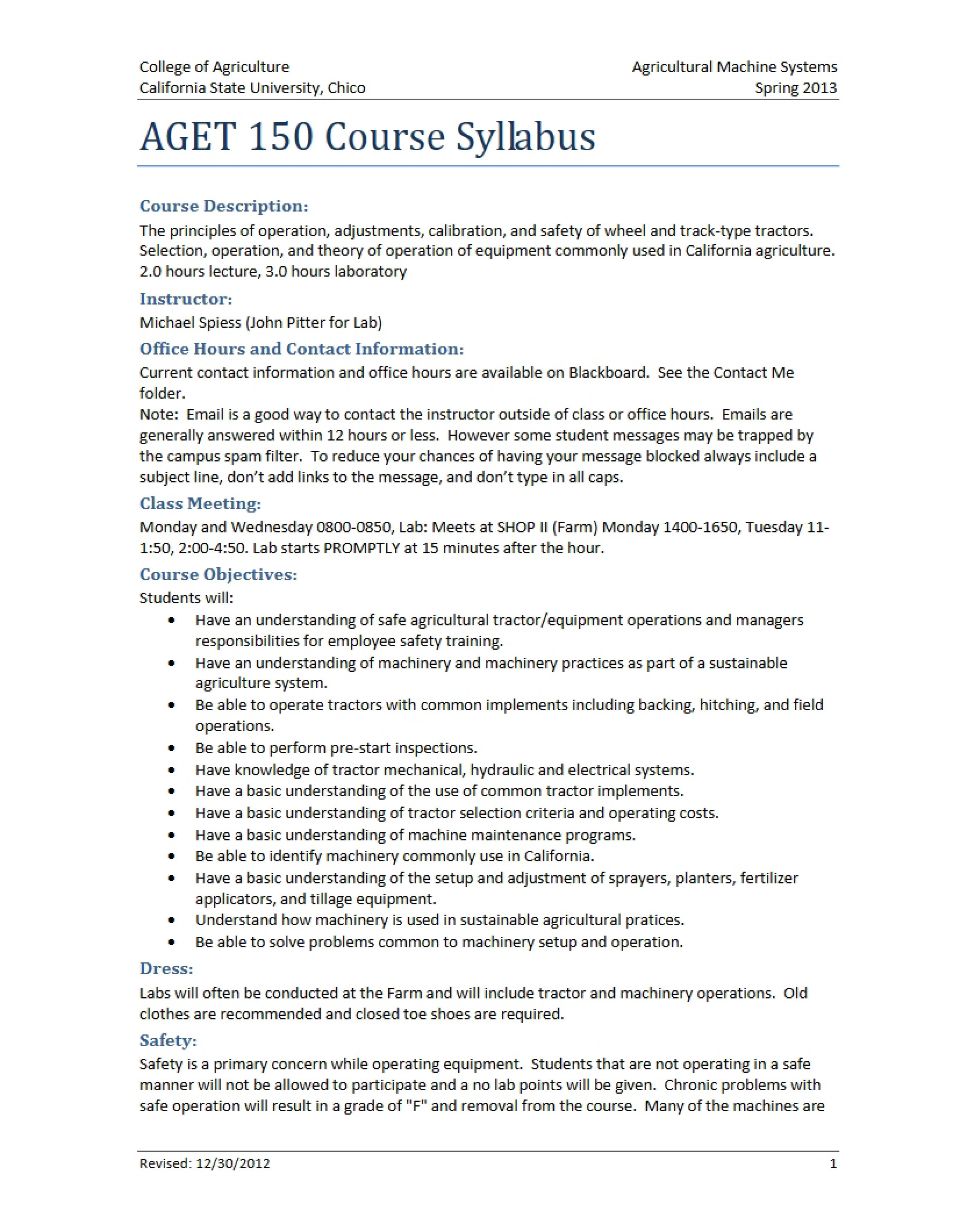Machine Systems in Agriculture Syllabus