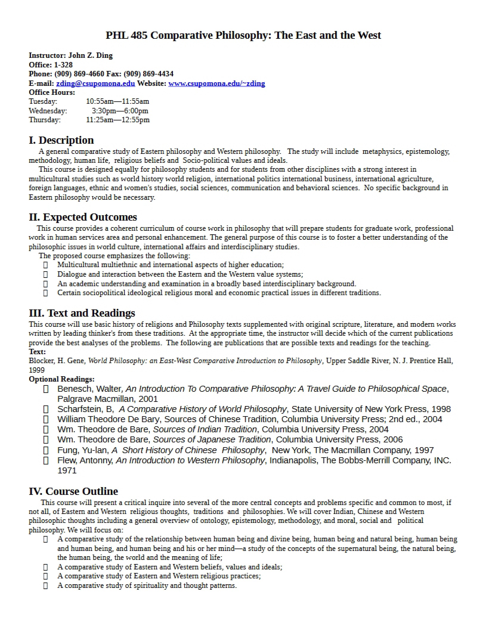 Course Syllabus for Comparative Philosophy