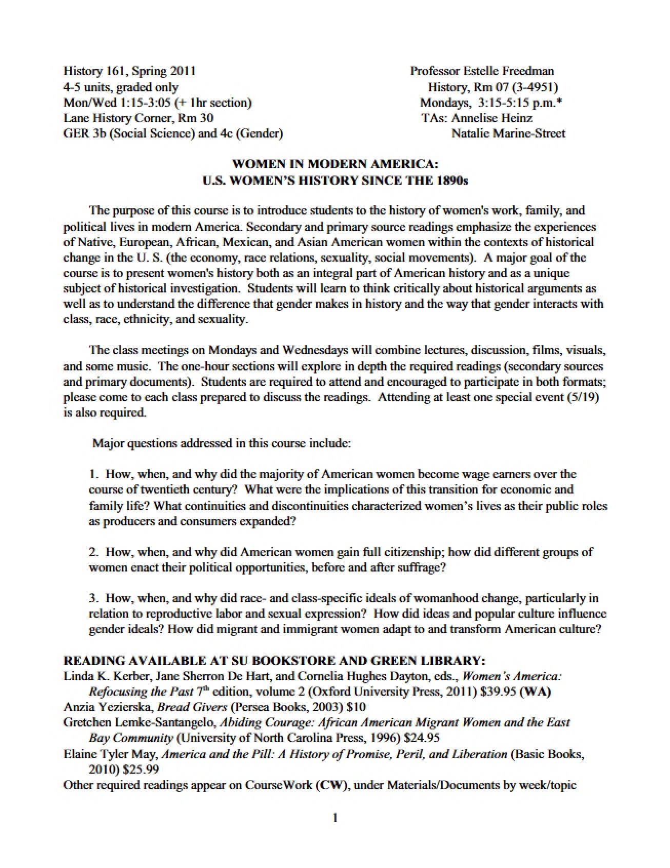 Women in Modern America Course Syllabus