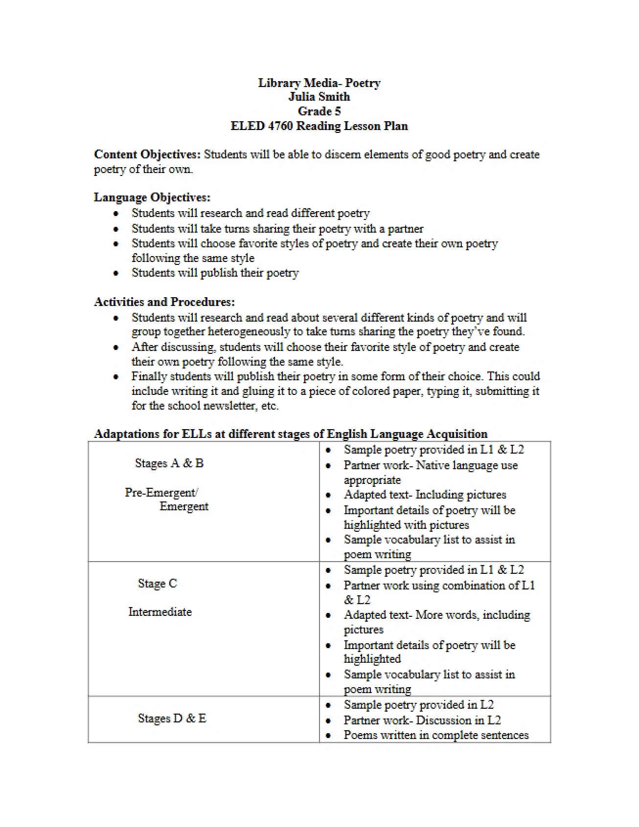Lesson Plan for Reading (ELED 4760)