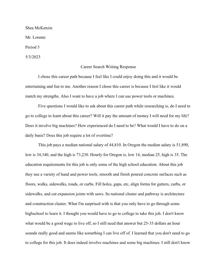 Writing Response - Career Search