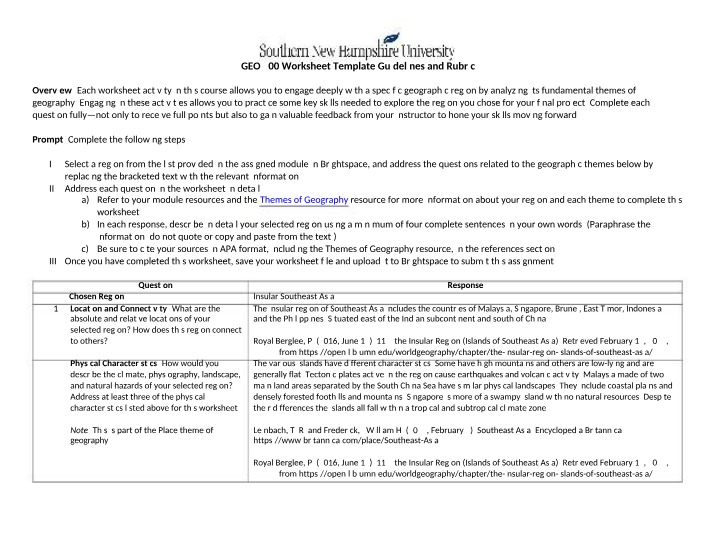 Worksheet for Insular Southeast Asia