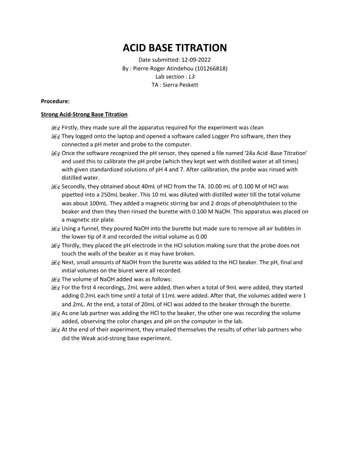 Lab Report - Acid Base Titration