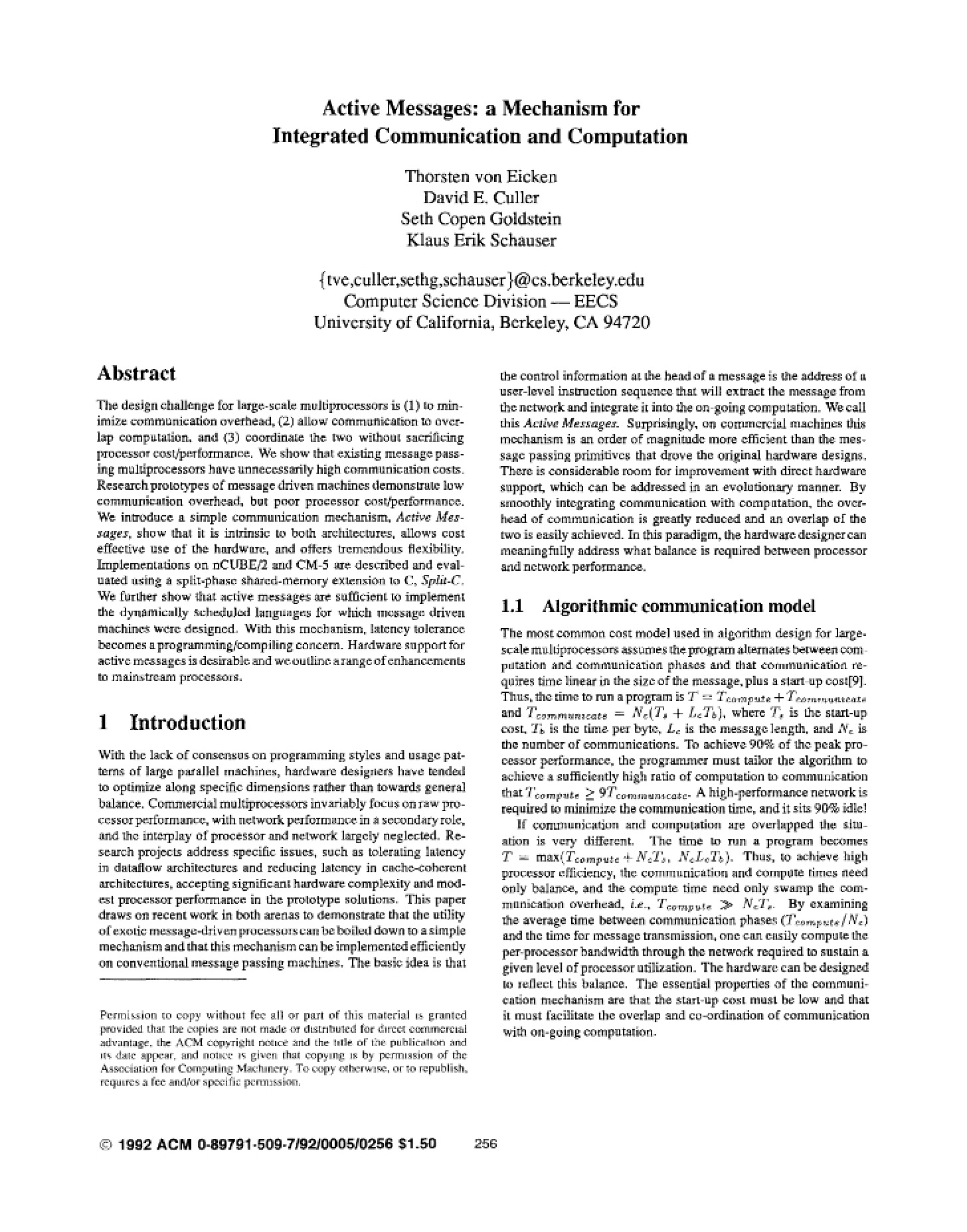 Integrated Communication and Computation Mechanism Active Messages
