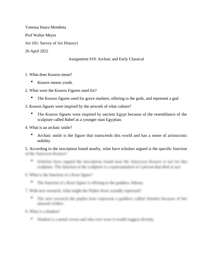 Art History and Symbolism of Kouros Figures Assignment