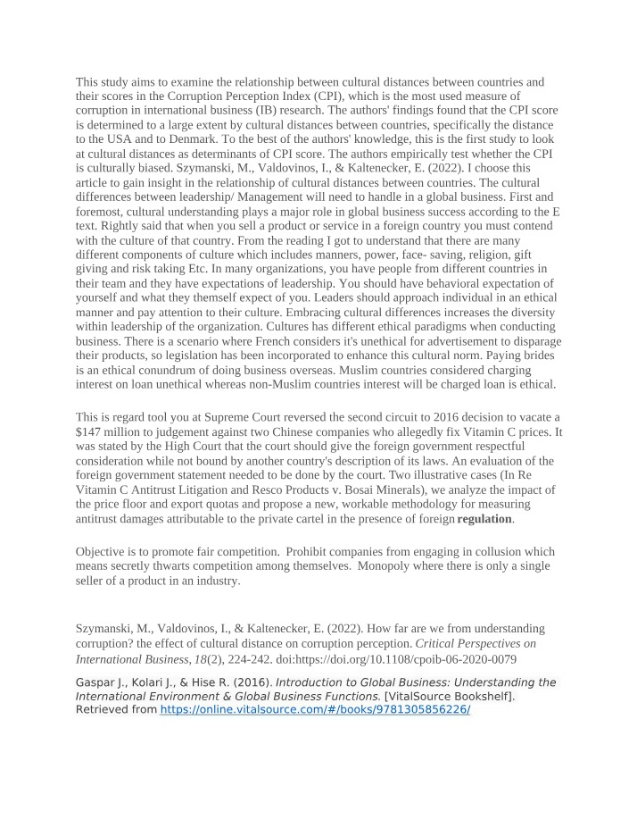 Corruption Perception Index and the Impact of Cultural Distances