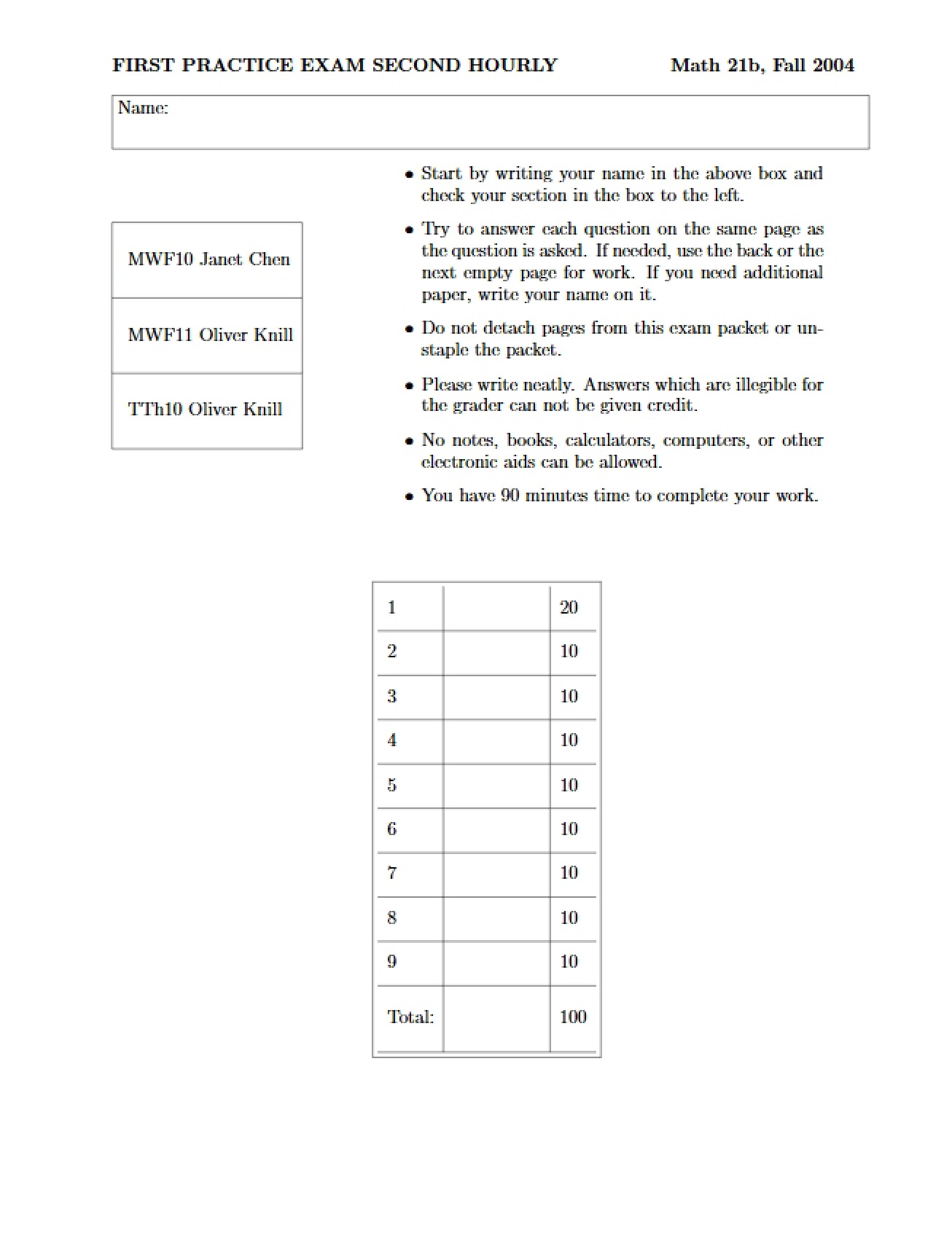 Second Hourly Initial Practice Exam