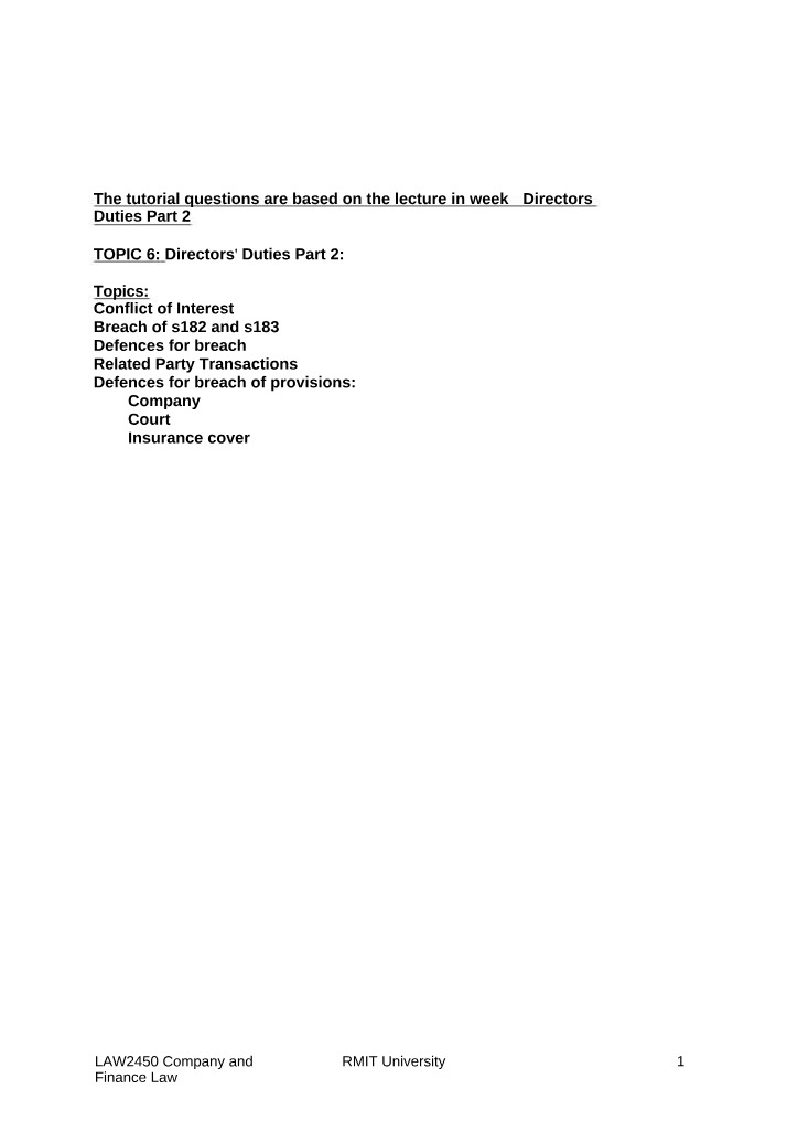 Directors' Duties Part 2 - Week 6 Tutorial Questions