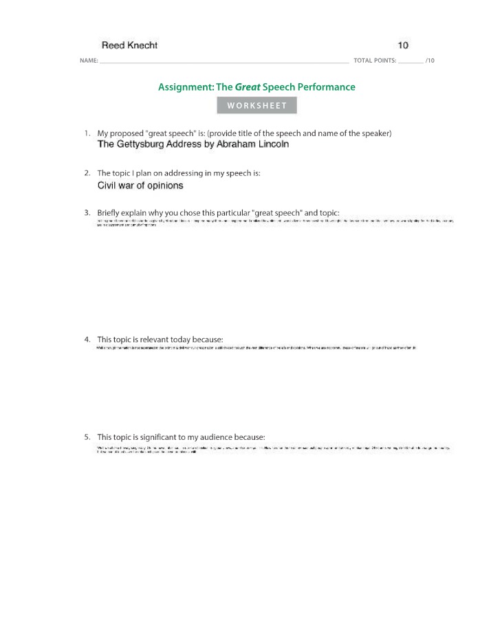 Worksheet for The Great Speech Performance Assignment