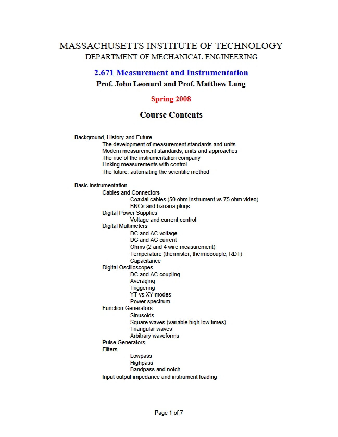 Measurement and Instrumentation Outline