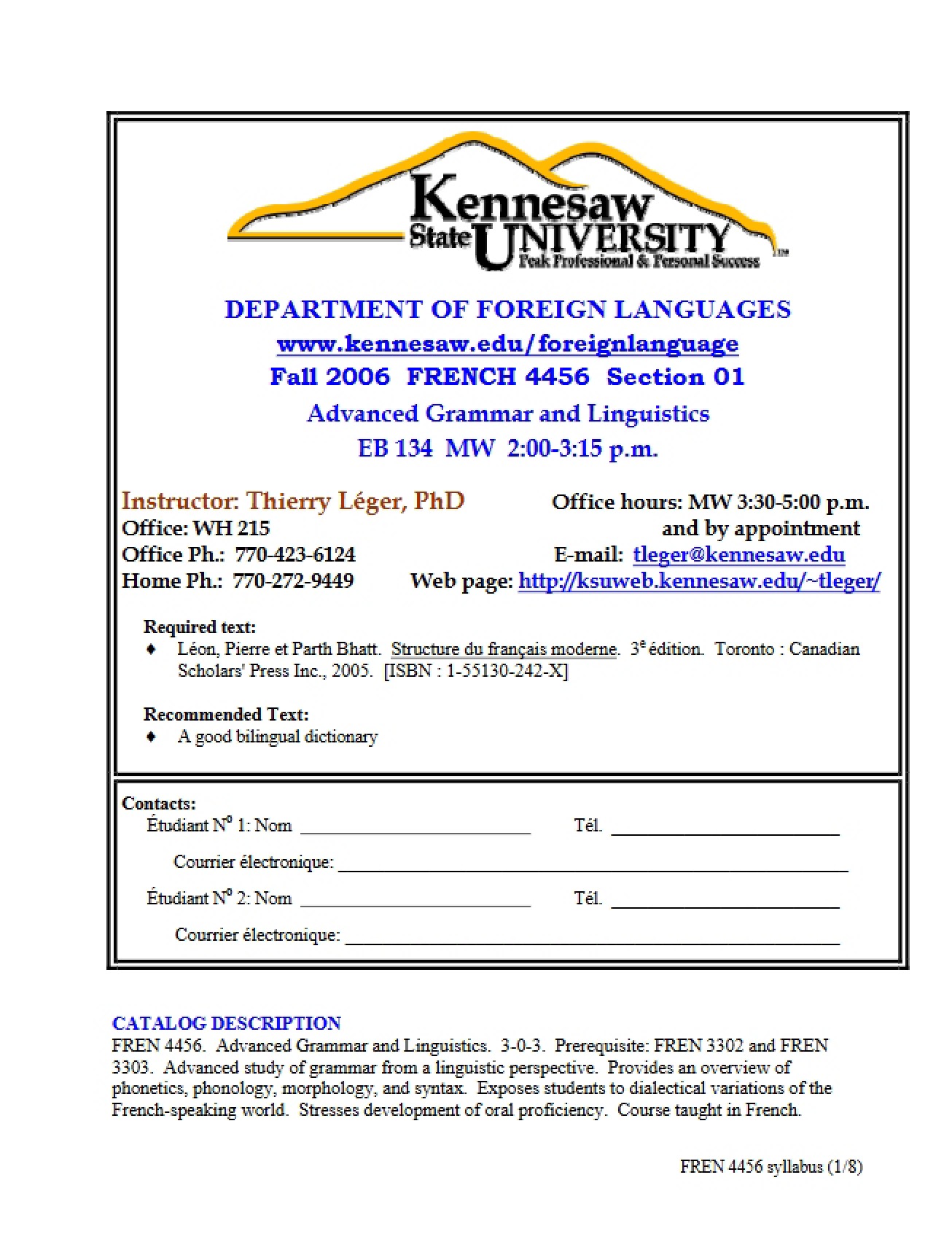 Course Outline for Advanced French Grammar and Linguistics (Hybrid) - 8 Pages