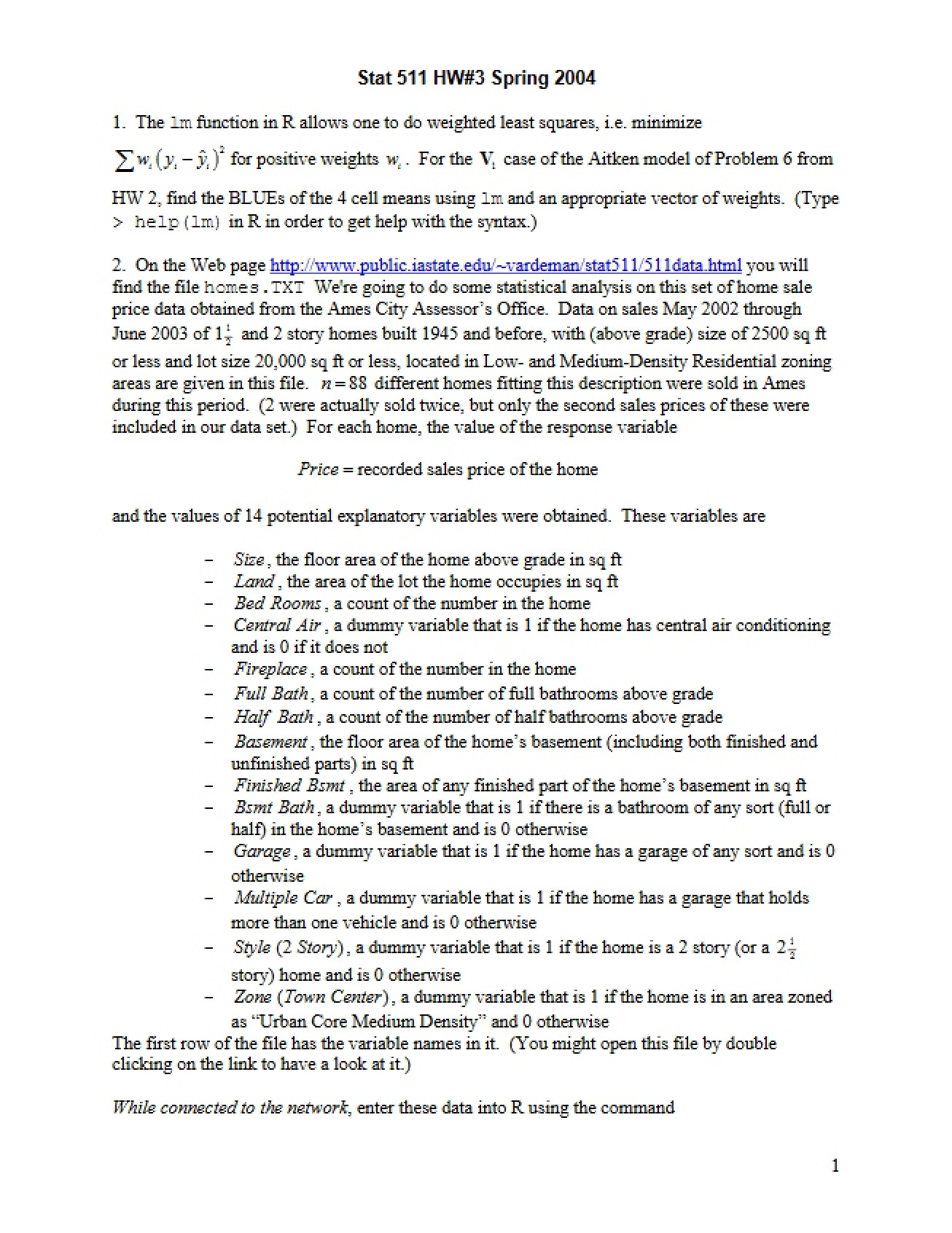 Homework Assignment for Statistical Methods