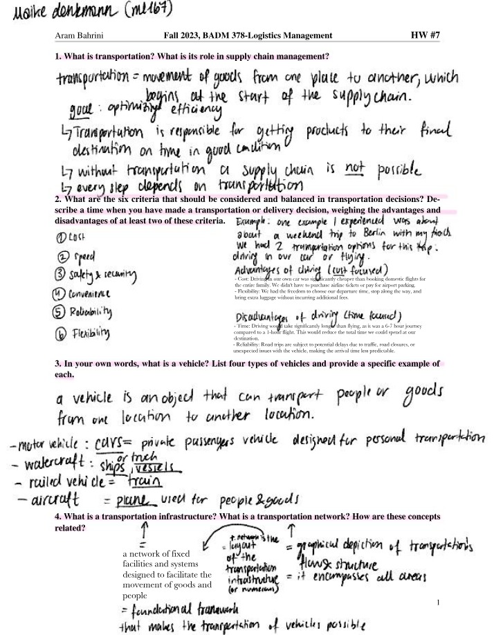 BADM 378 - Logistics Management Homework 7