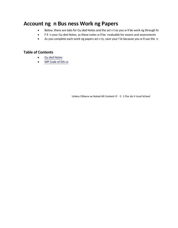 Working Papers for Accounting in Business