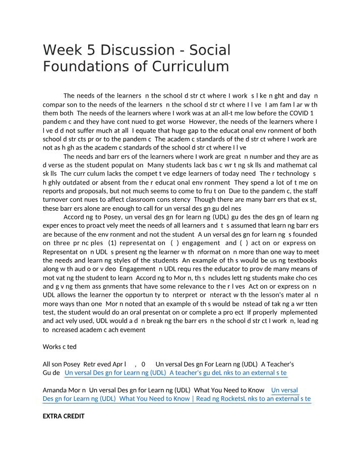 Week 5 Discussion on Social Foundations of Curriculum