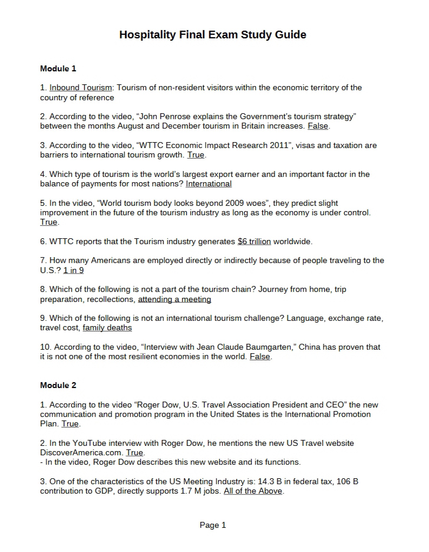 Final Exam Roadmap Hospitality
