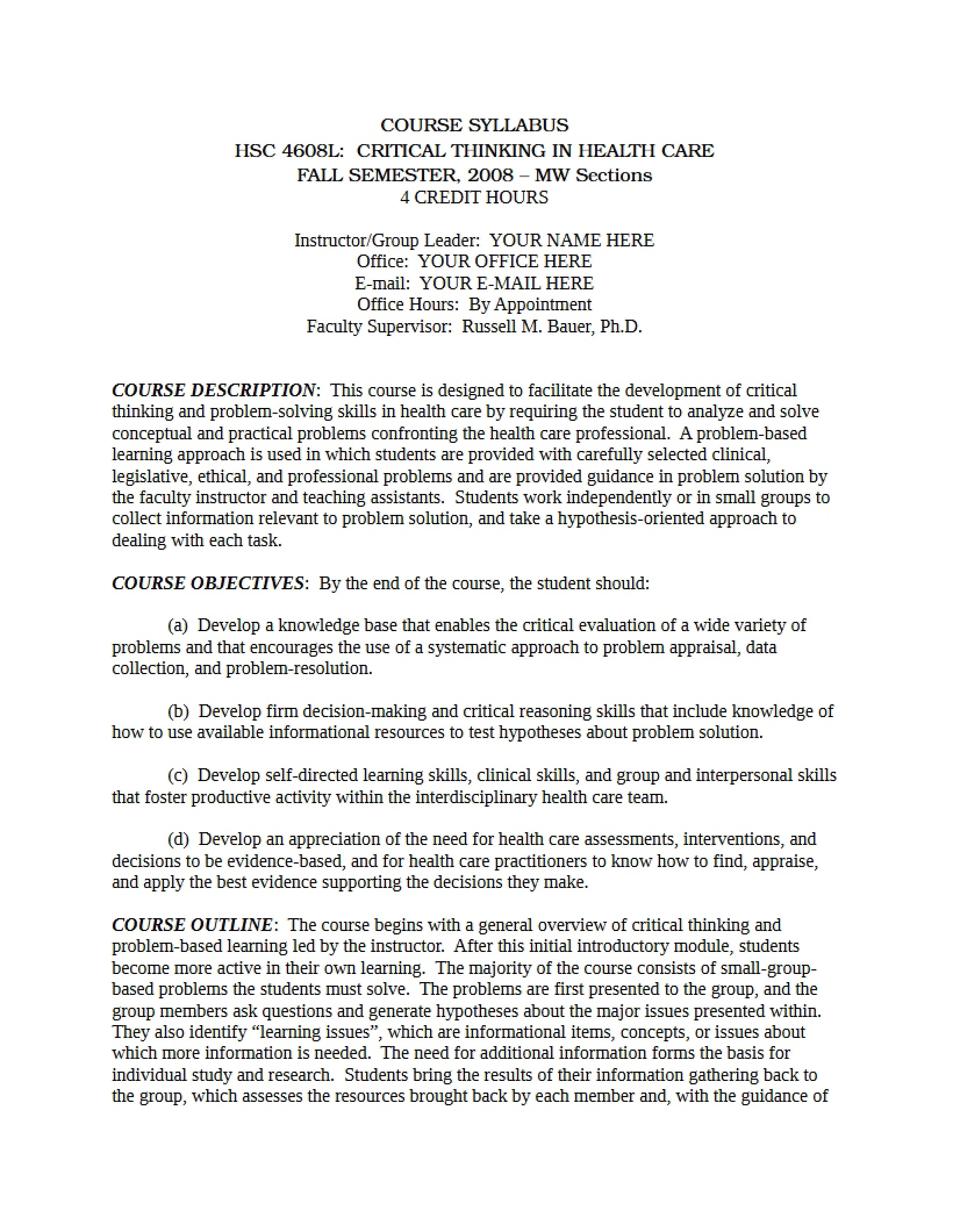 Critical Thinking for Health Care