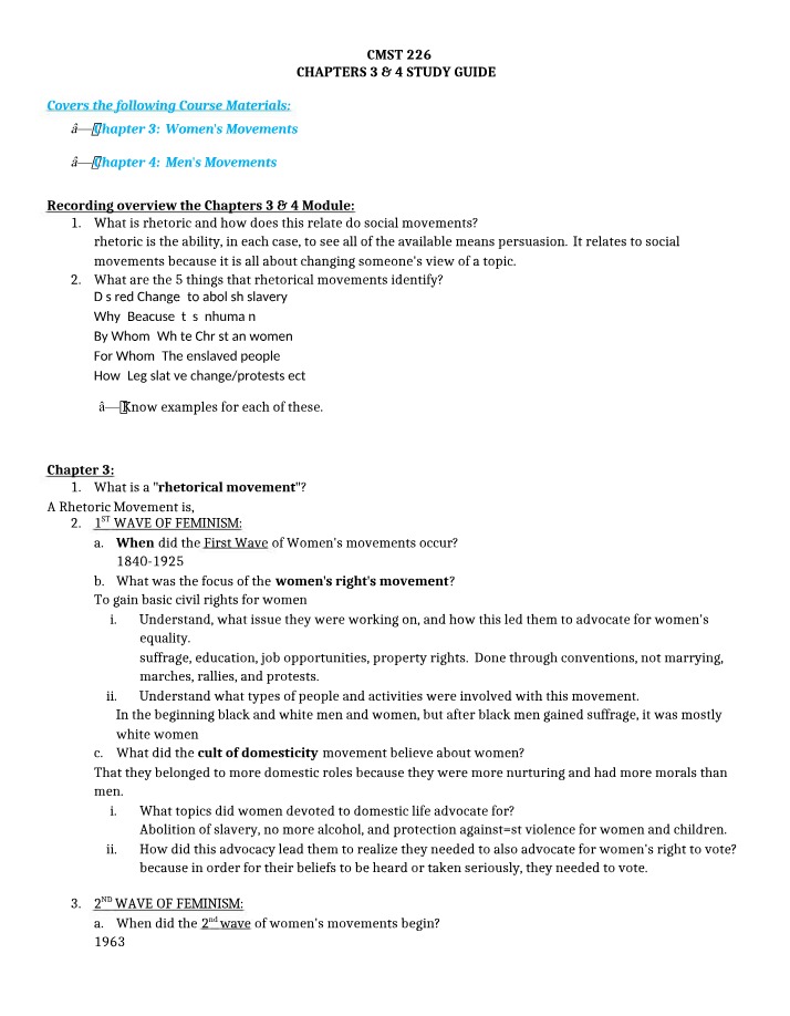Women's Movements - Chapters 3 & 4 Study Guide