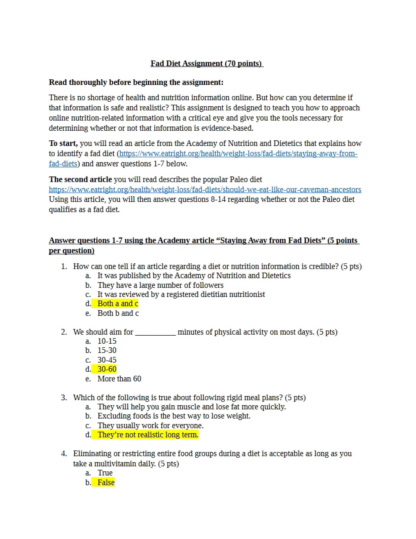 Assignment regarding Fad Diets