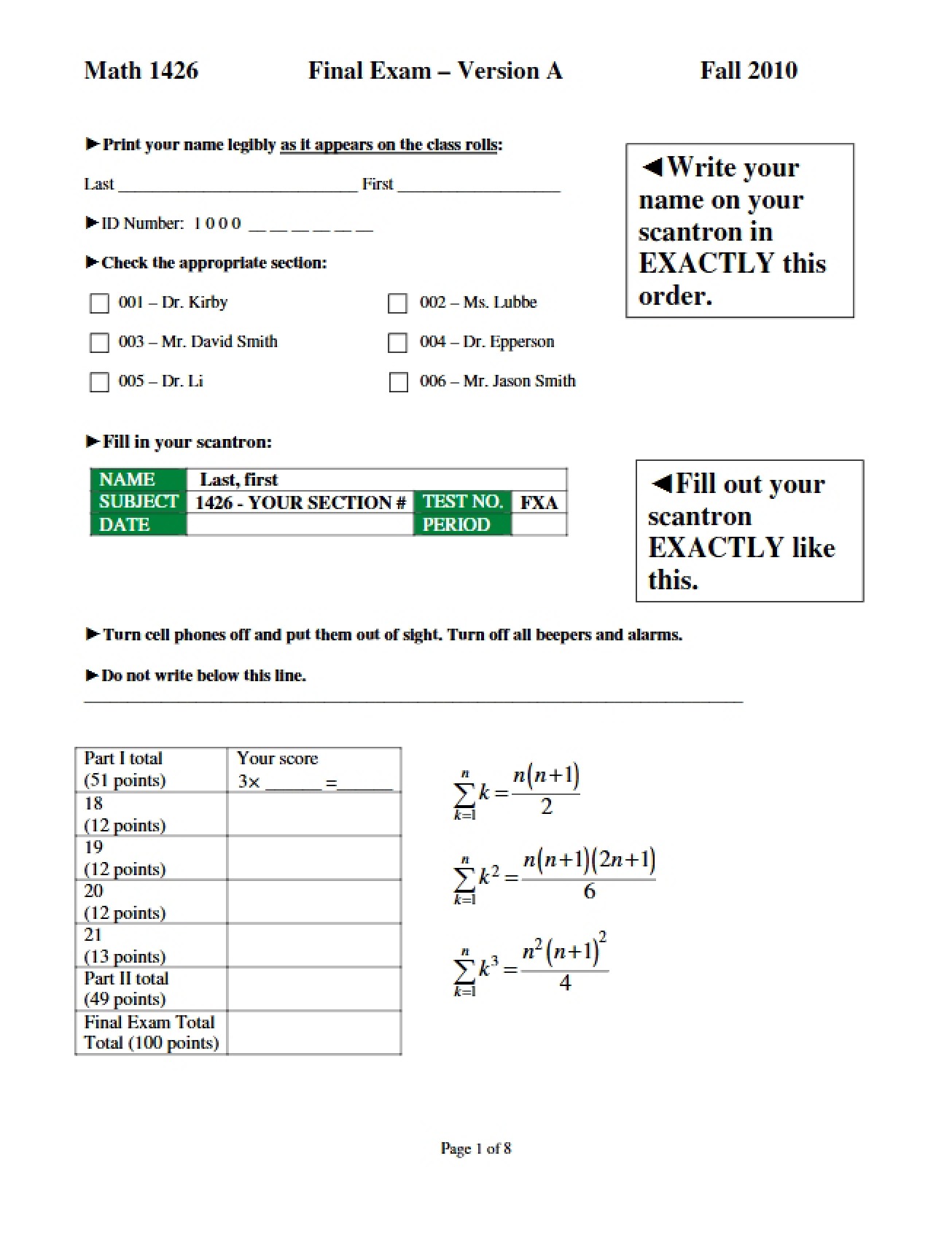 Exam FXA M1426 (Fall 10)