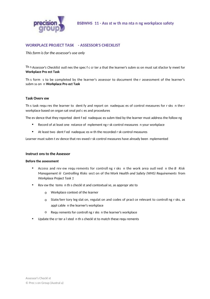 WHS311 Workplace Project - Assessor Checklist