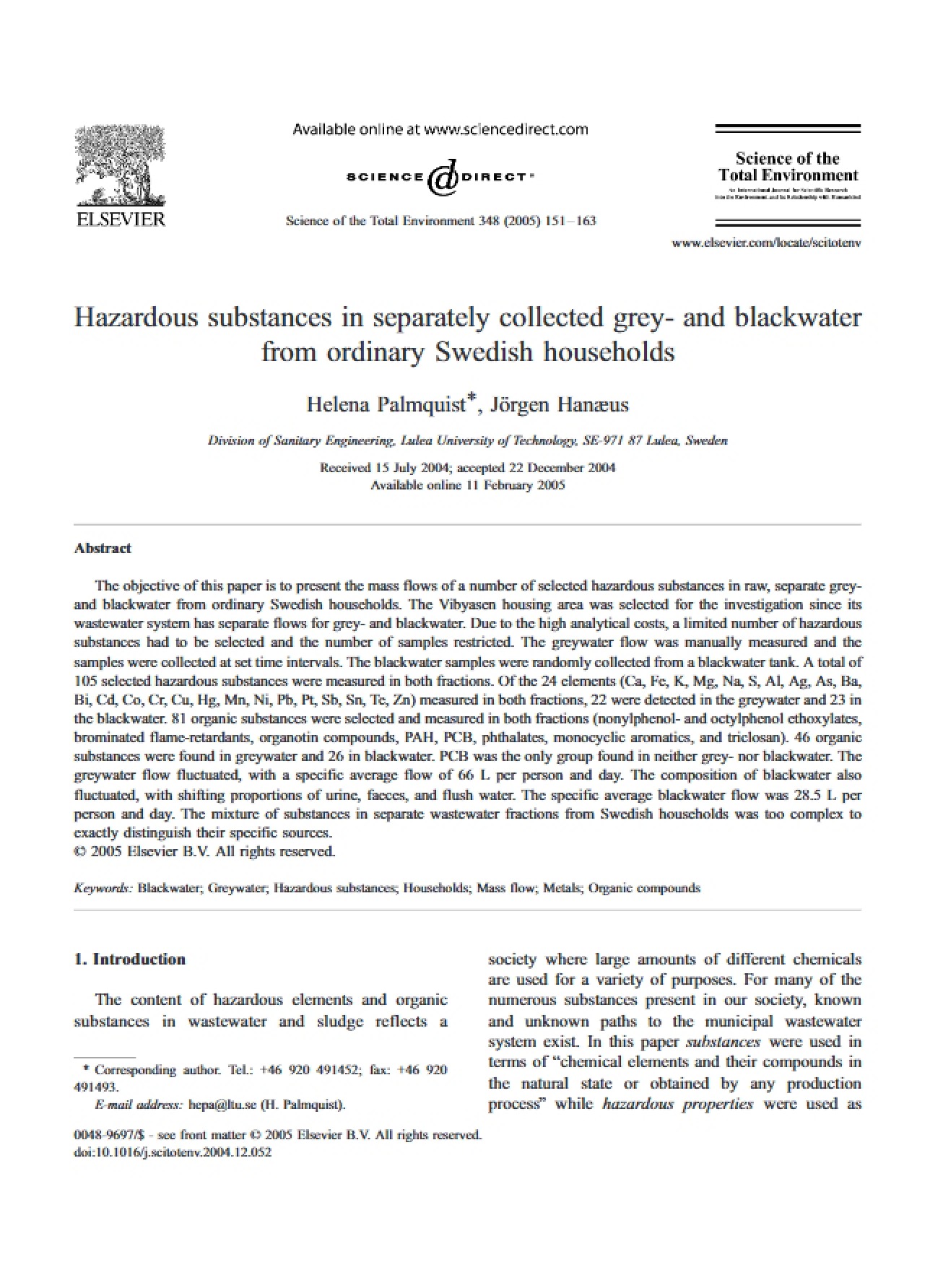 Hazardous Substances in Separately Collected Grey- and Blackwater from Swedish Households