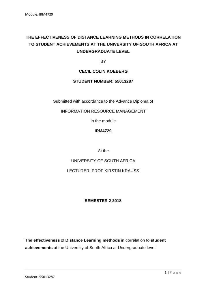 Distance Learning Effectiveness - Research Report