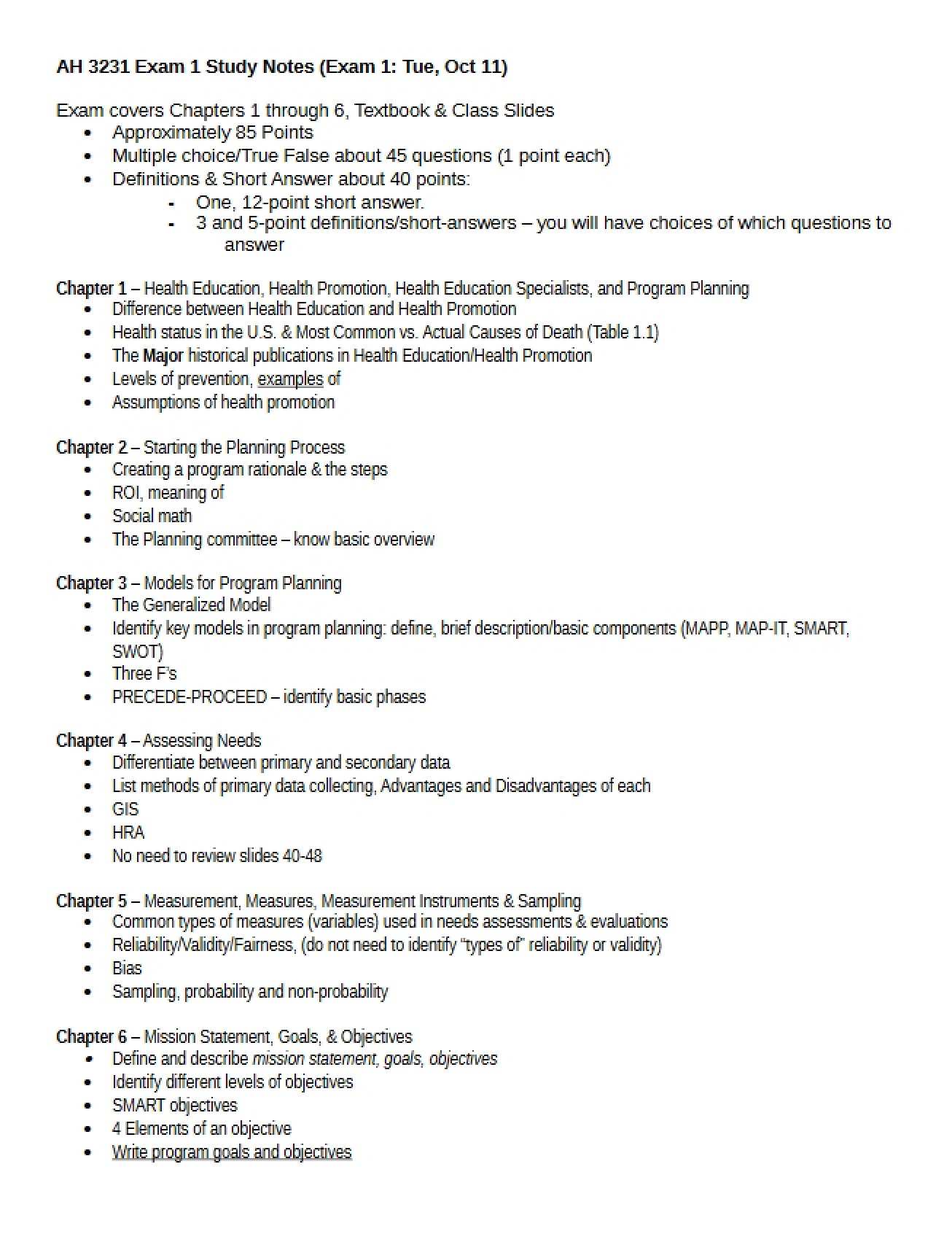 Exam 1 Study Notes for 2016