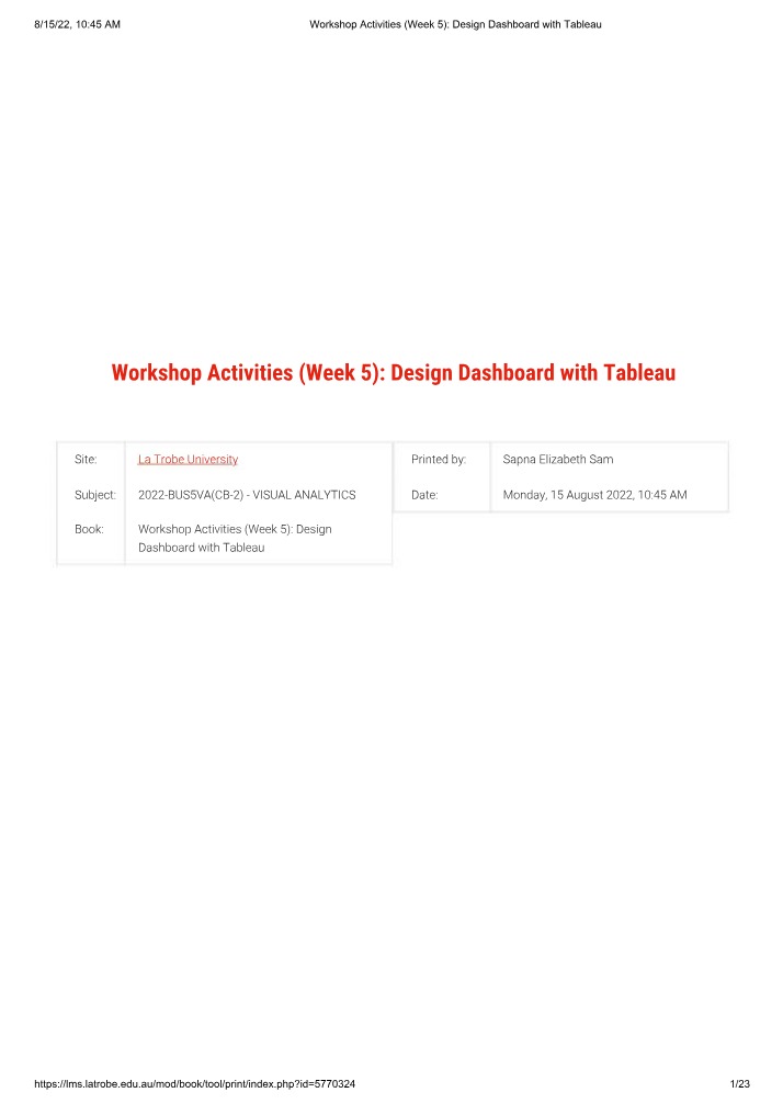 Design Dashboard with Tableau - Week 5 Workshop Activities