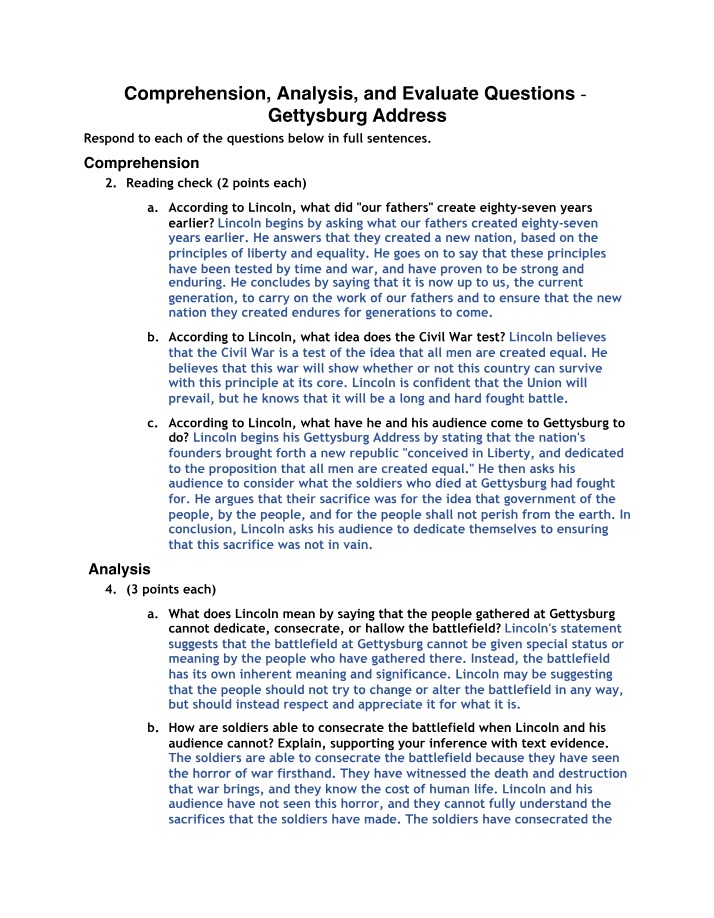 Analysis and Comprehension Questions for the Gettysburg Address