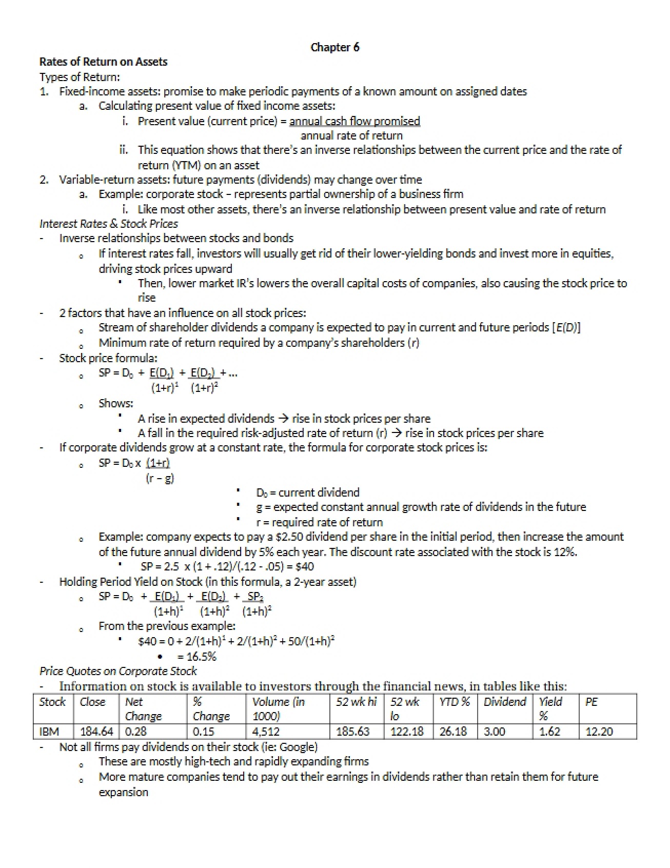 Calculating Asset Rates of Return