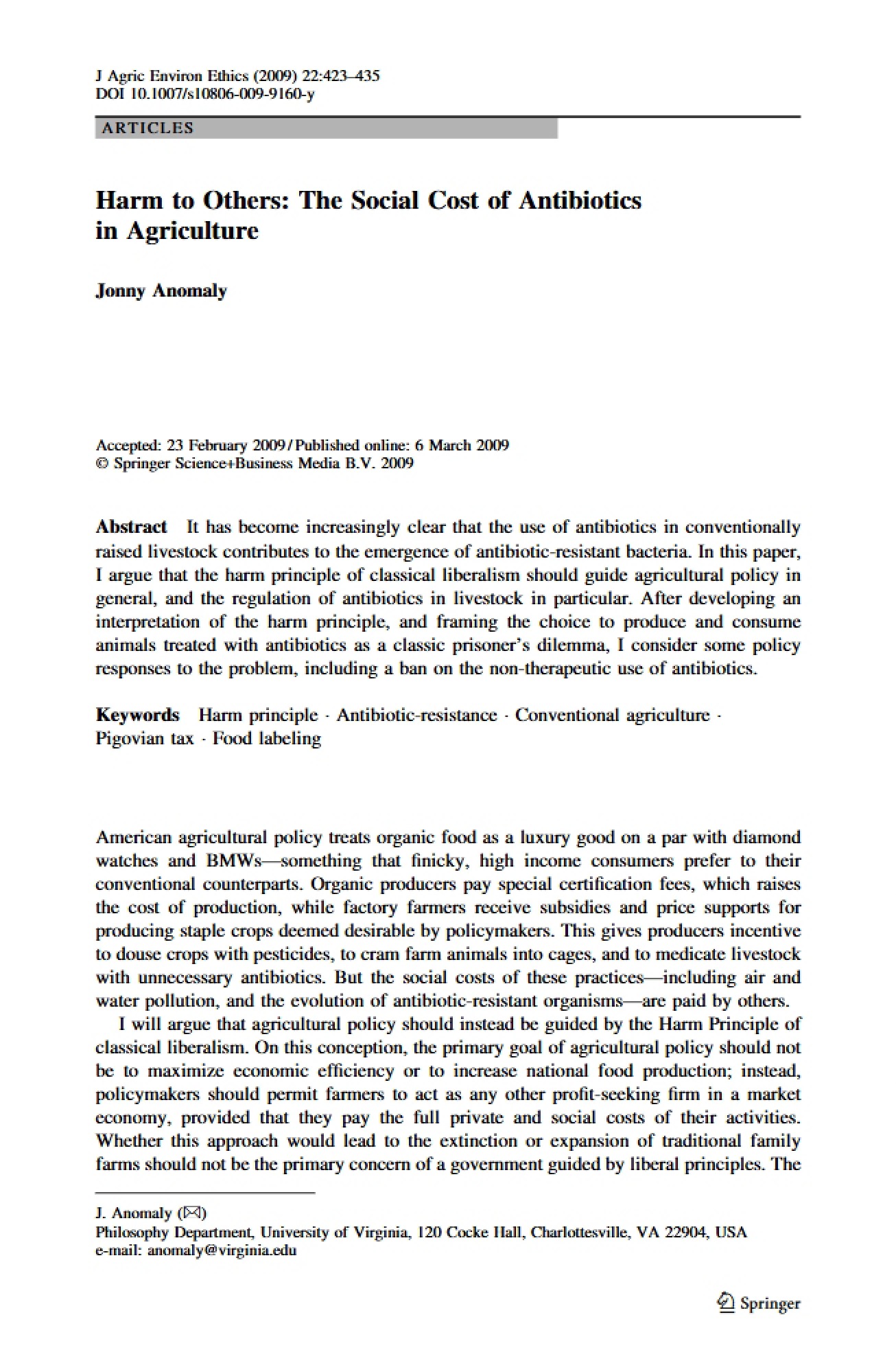 Social Cost of Using Antibiotics in Agriculture