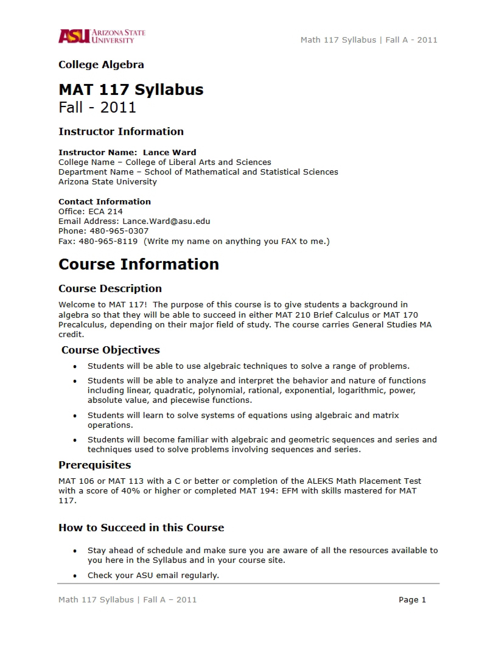 College Algebra Course Syllabus