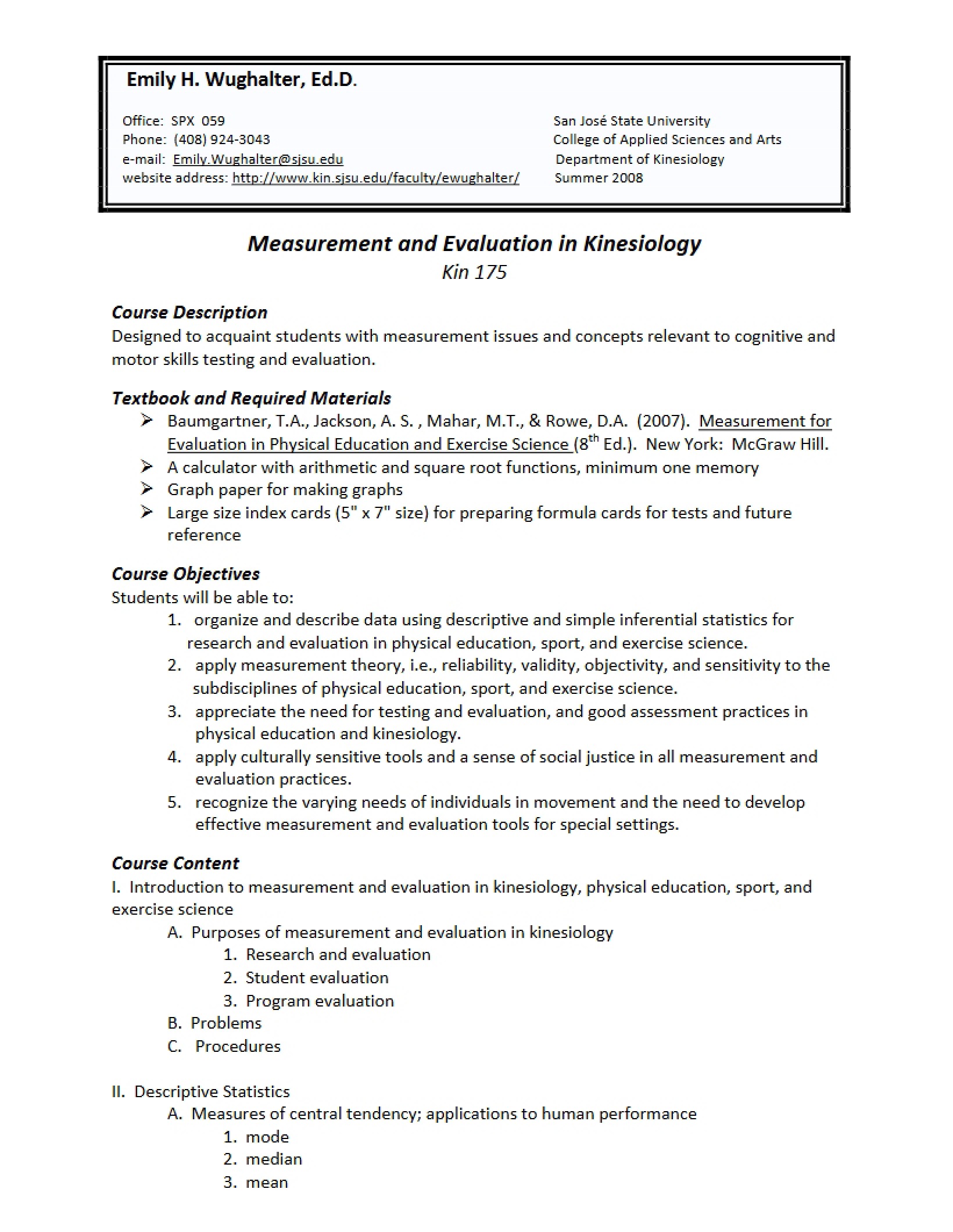Kinesiology Course Outline
