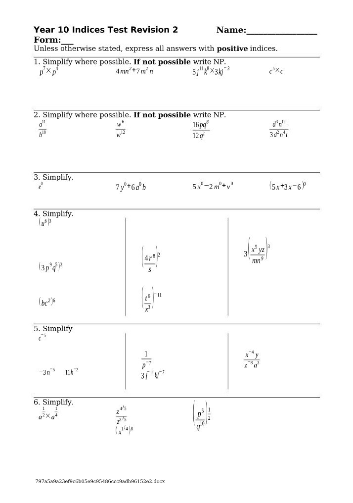 Year 10 Indices Revision Test 2