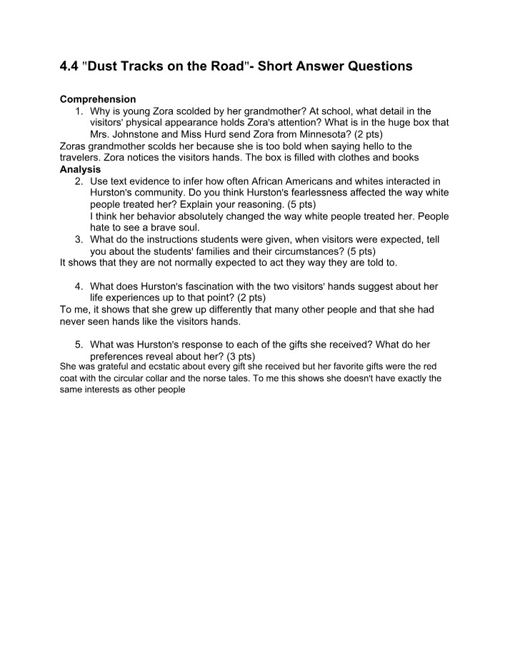 Short Answer Questions for Dust Tracks on the Road