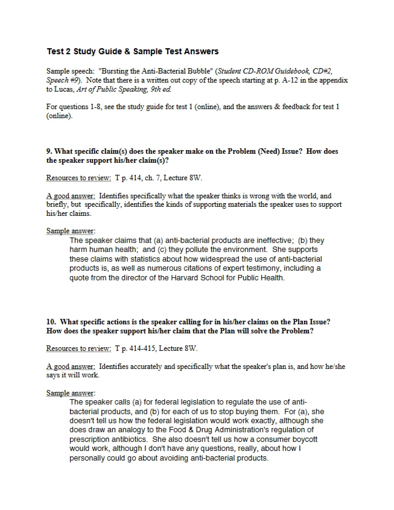 Set of Sample Test Answers for Public Speaking