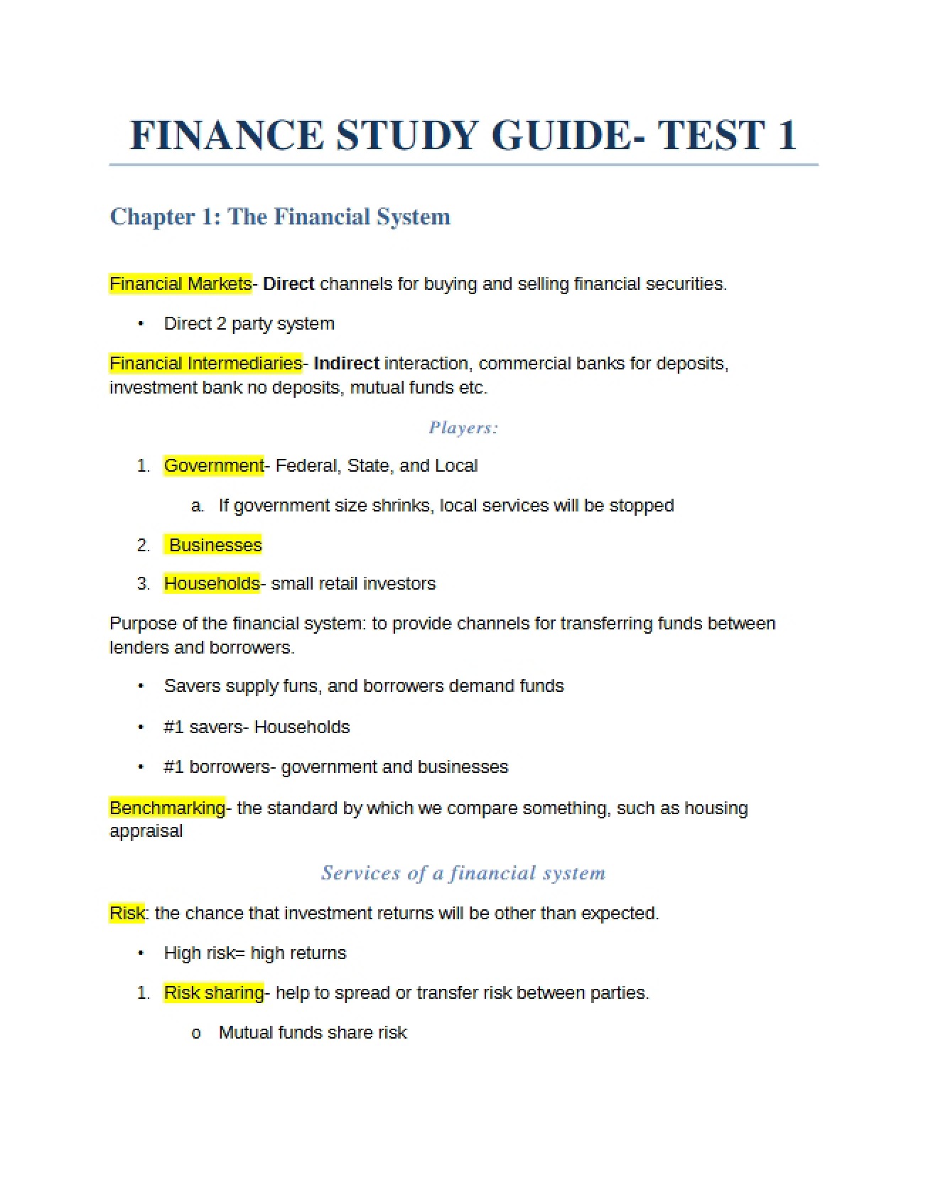 Study Guide for the First Finance Test