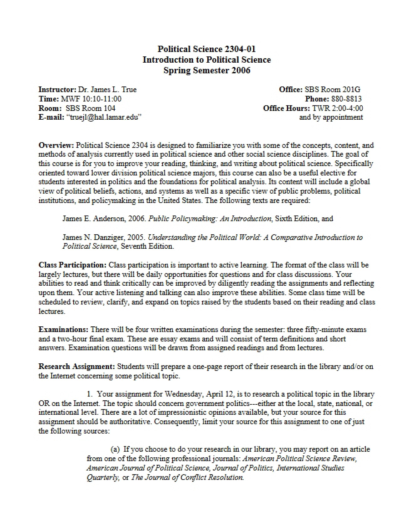 Syllabus for Introduction to Political Science