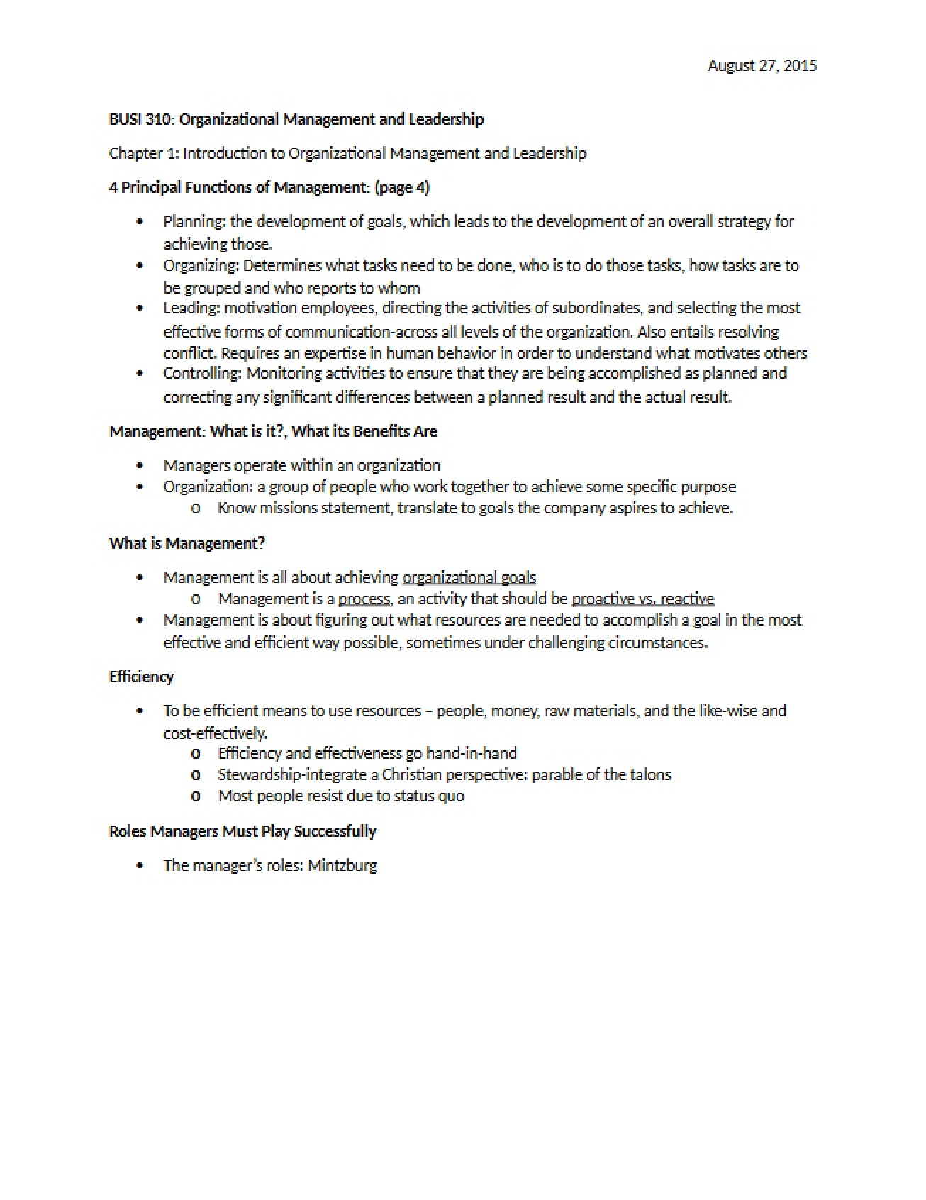 Notes from August 27th for Principles of Management