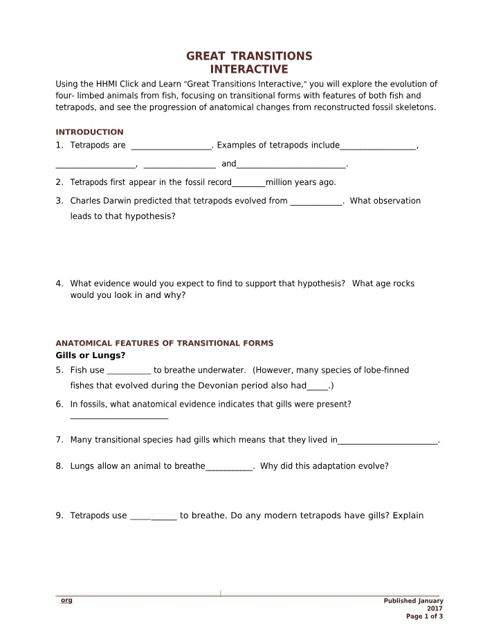 Worksheet for Tetrapod Great Trans Interactive