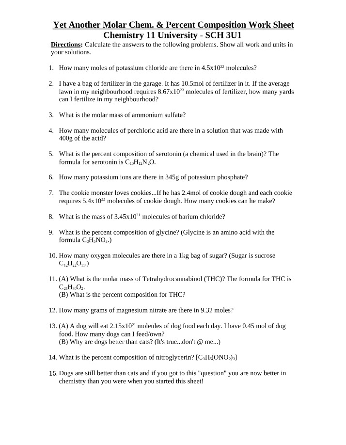 Worksheet - Molar Mass and Percent Composition