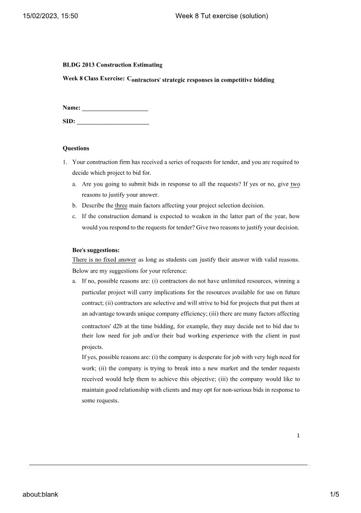 Week 8 Tutorial Exercise Solution