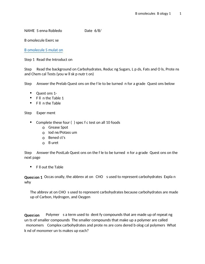 Exercise on Biomolecules