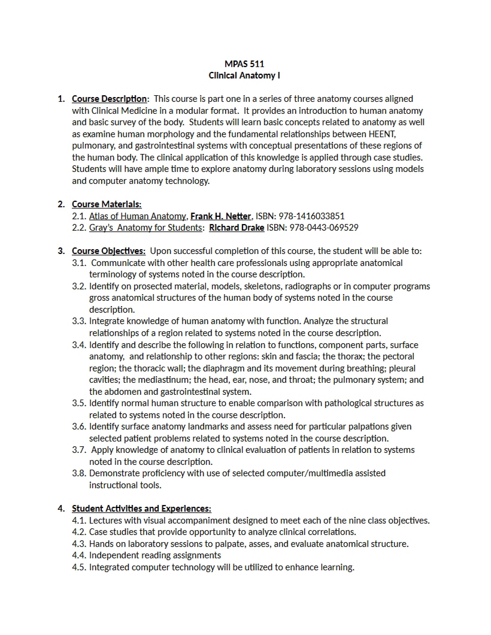 Pathophysiology I Syllabus