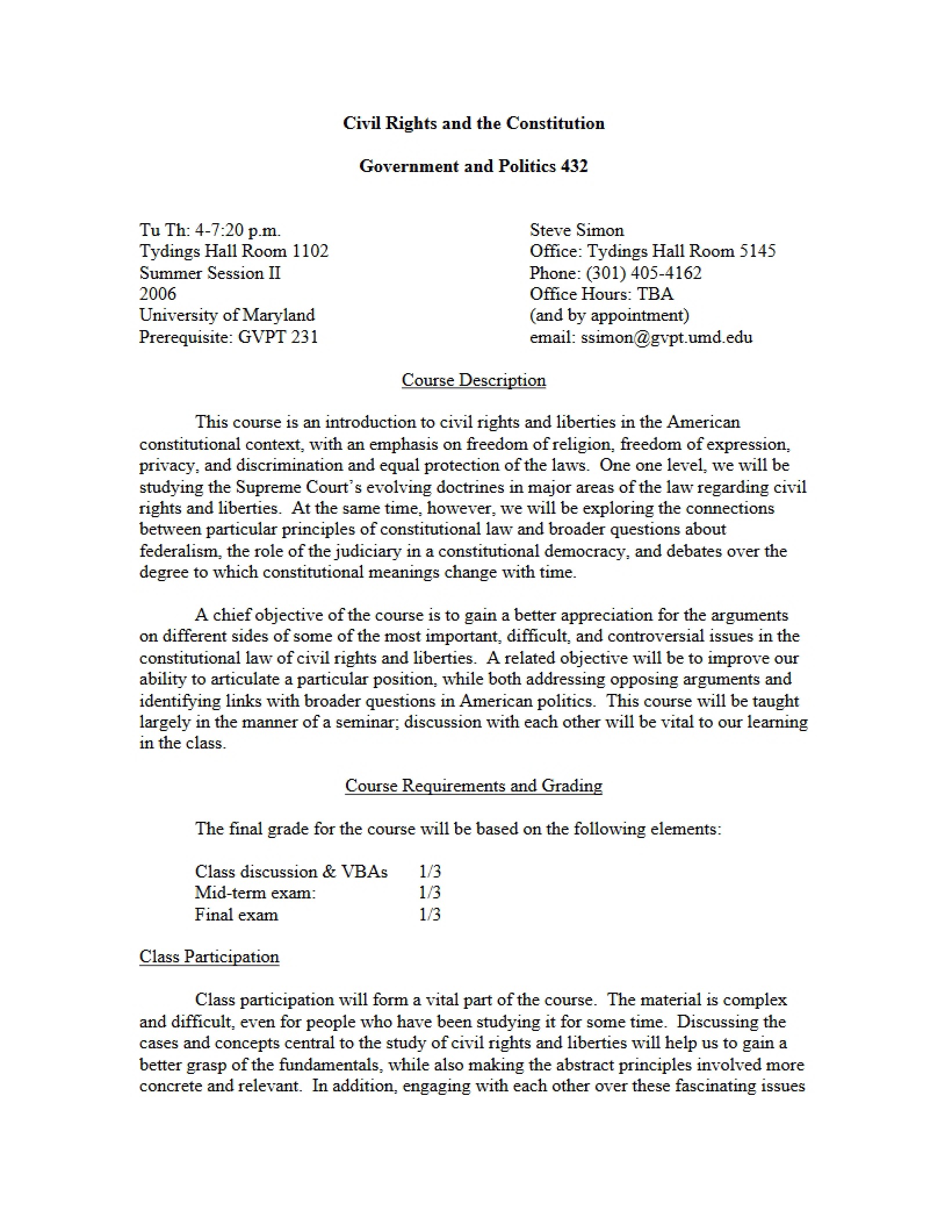 Civil Rights and Constitution Syllabus